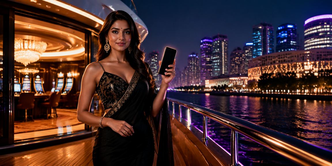 Indian player enjoying live casino on mobile in night setting